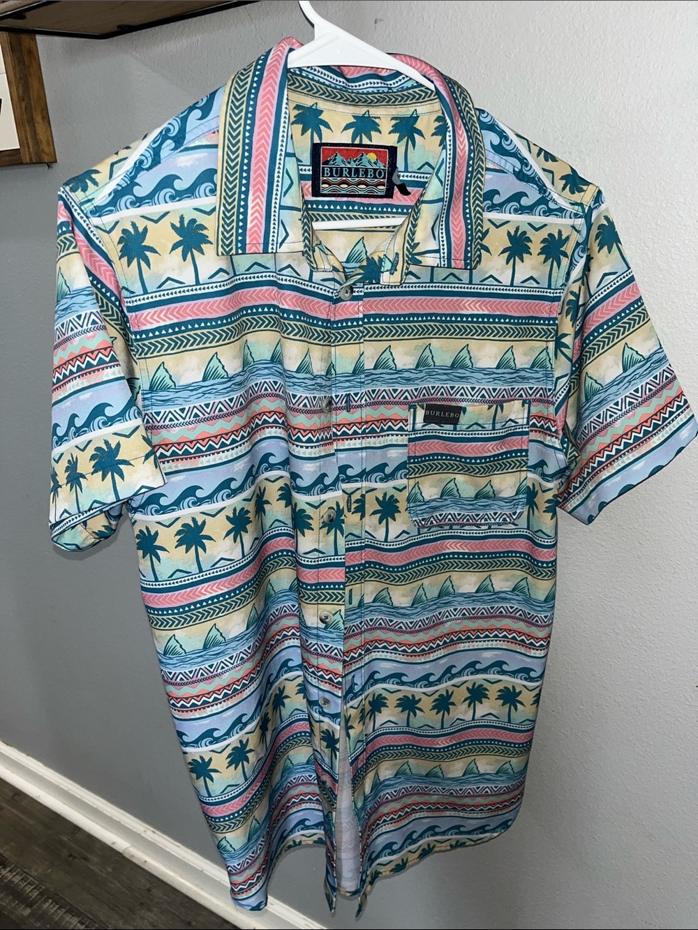 BURLEBO Short-Sleeve Tropical Print Button-Down Shirt - Mint, Coral, Yellow